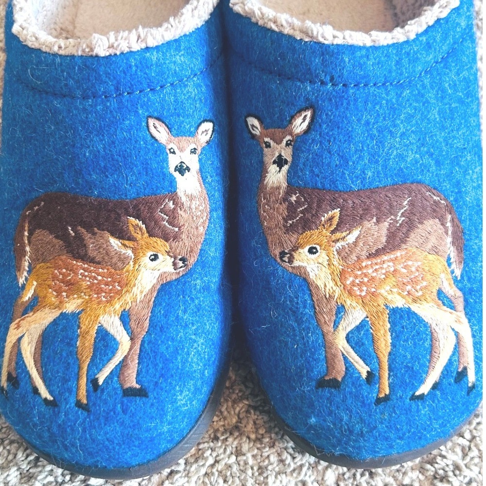 LL Bean Daybreak Scuffs Blue Wool Deer Cottagecore Embroidered House Shoes SZ 9